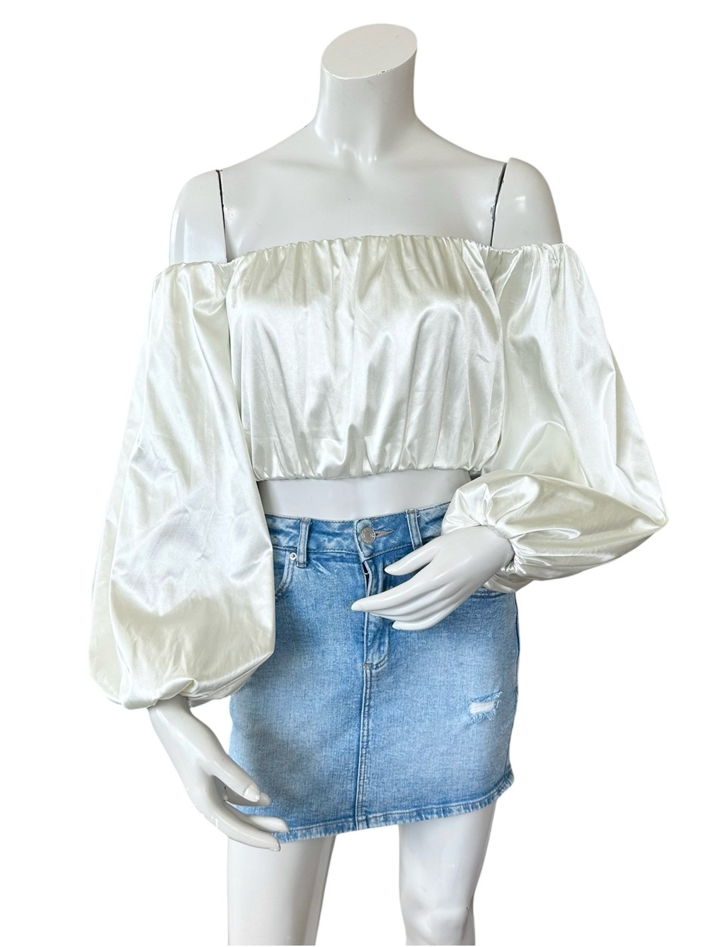 Majorelle Lena Cream Ivory Satin Puff Long Sleeve Cropped Blouse Size XS